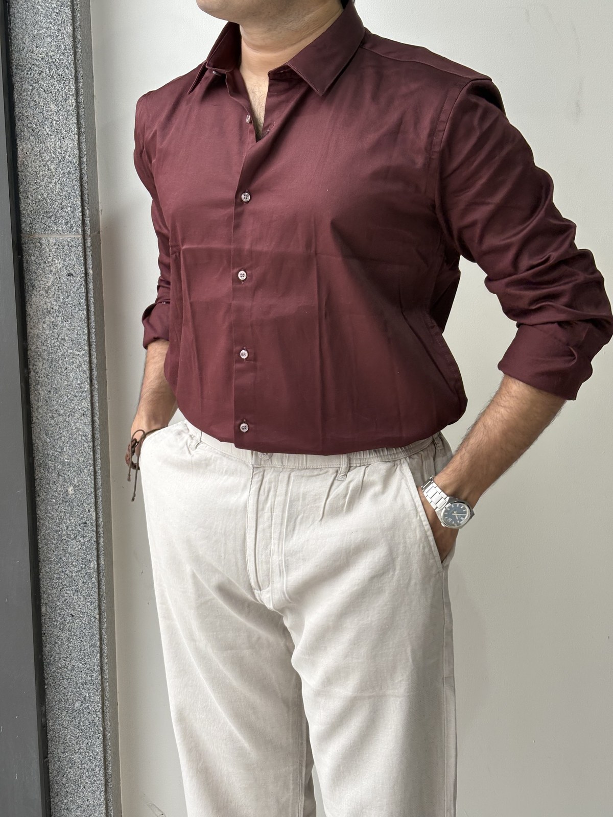 Pleated Khaki Stretch Gabardine Chinos