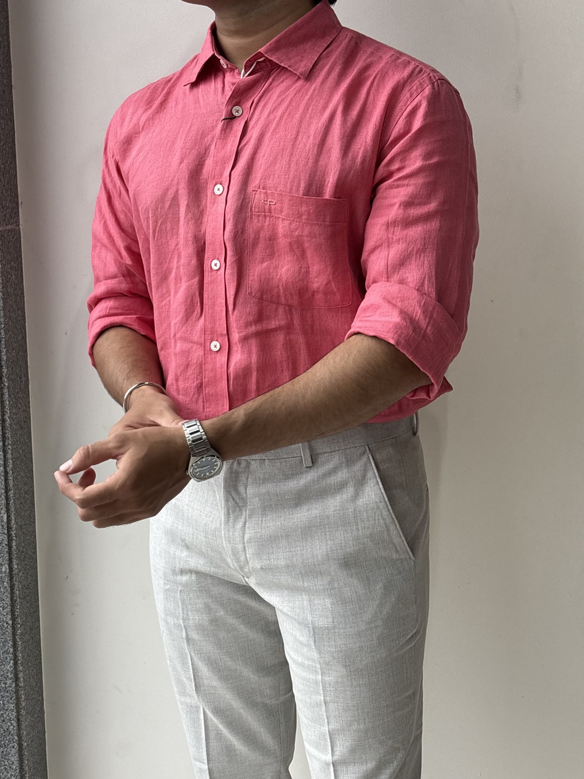 Dusty Rose Mandarin Collar Cotton Shirt angle 6